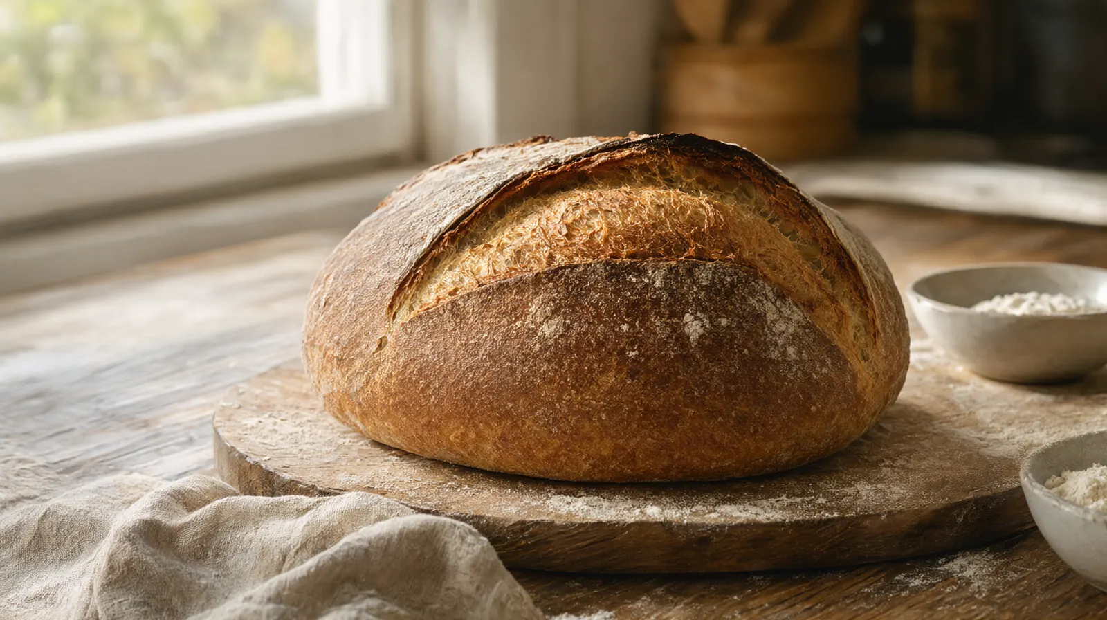 A freshly baked sourdough boule on a floured wooden board by a sunny kitchen window