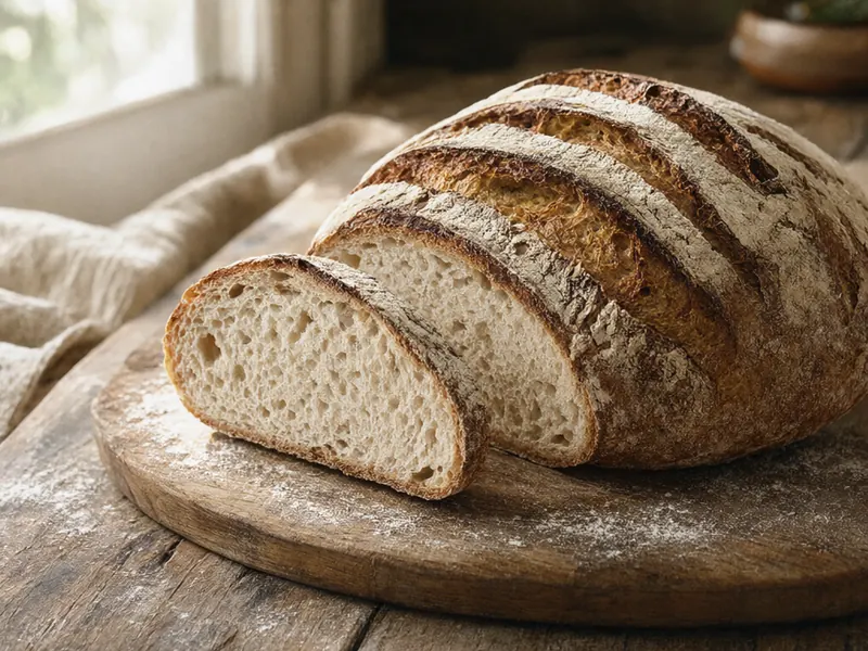 A sliced sourdough loaf showing its open crumb
