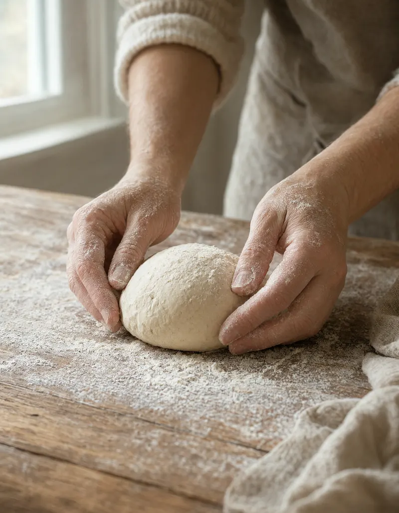 Flour-dusted hands shaping a ball of sourdough on a wooden counter